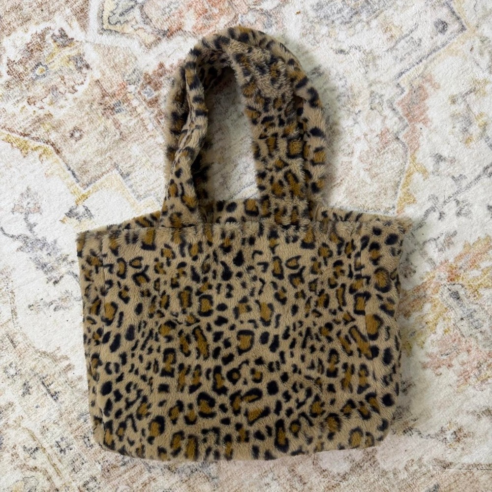 Faux Fur Leopard Print Plush Tote Bag - One Size